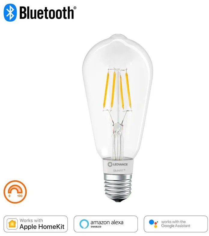 Lampadina smart WIFI, LED filamento, E27 goccia, trasparente, luce calda, 6W= 650LM (equiv 50 W), 300° dimmerabile, LEDVANCE