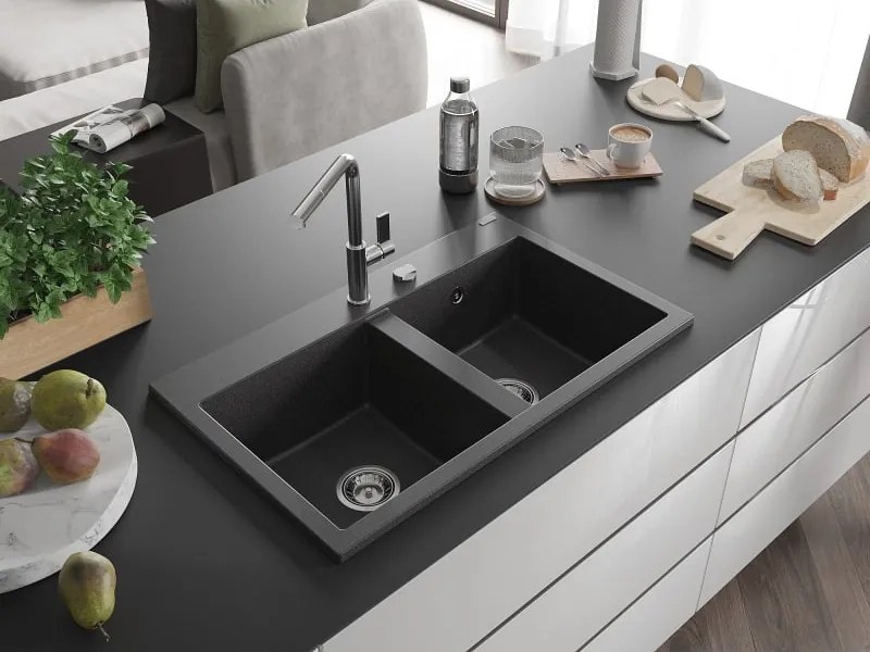Mexen Hektor lavello da cucina in granito a 2 vasche 800 x 480 mm, nero punteggiato, sifone cromato - 6521802000-76