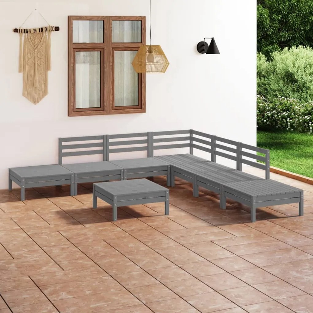 Set Salotto da Giardino 8 pz in Legno Massello di Pino Grigio