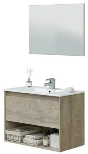 Mobile Bagno Sospeso 80 cm Con Lavabo Specchio Vano Giorno E Cassettone Rovere Alaska VAN