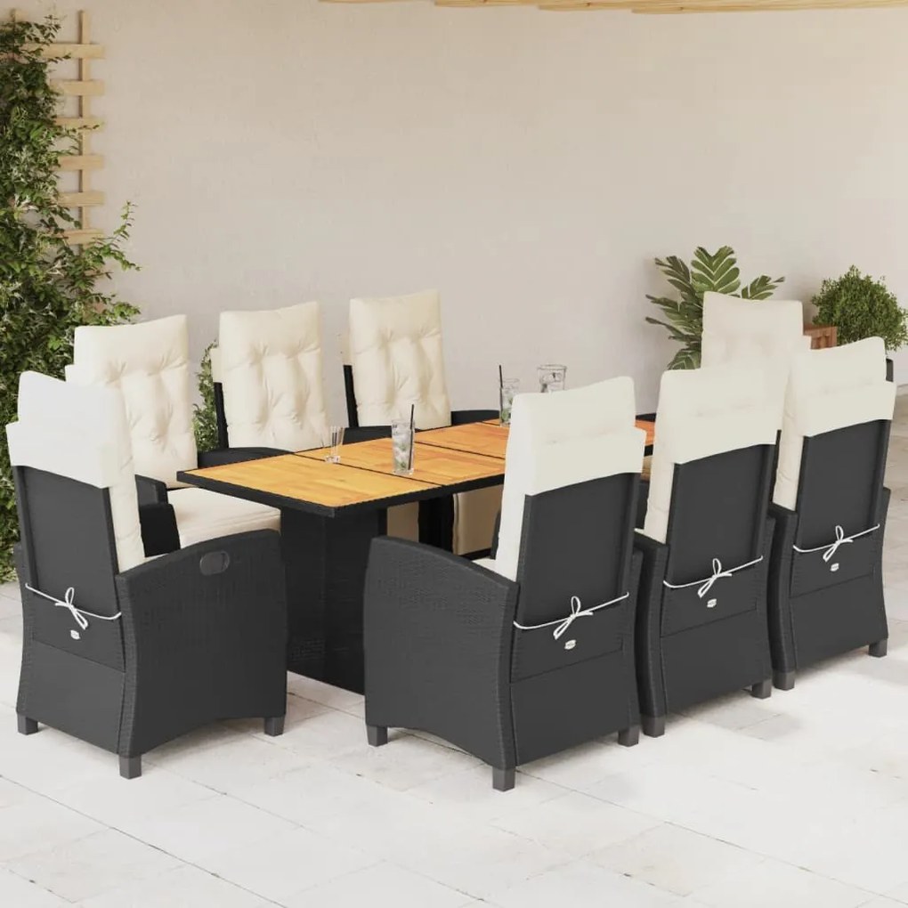 Set da pranzo da giardino 9 pz con cuscini nero in polyrattan