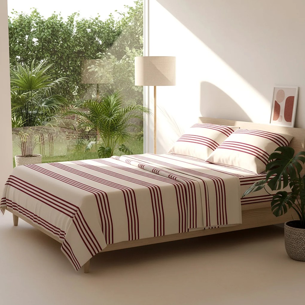 Completo letto matrimoniale righe bordeaux cotone