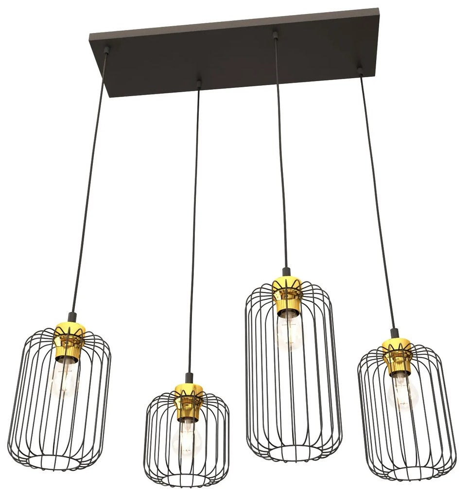 Sospensione Minimal Industrial Vander 4 Luci Lineari Nera E Oro