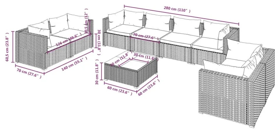 Set Divani da Giardino 9 pz con Cuscini in Polyrattan Grigio