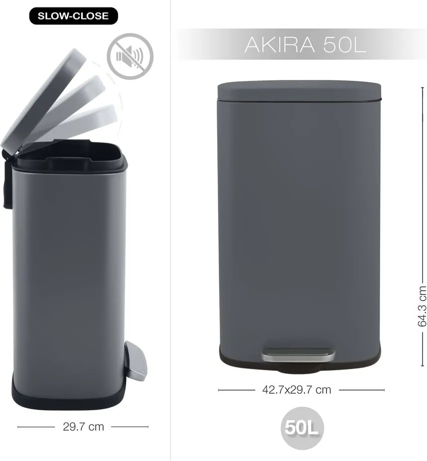 Cestino per la spazzatura grigio scuro in acciaio con pedale 50 l Akira – Spirella