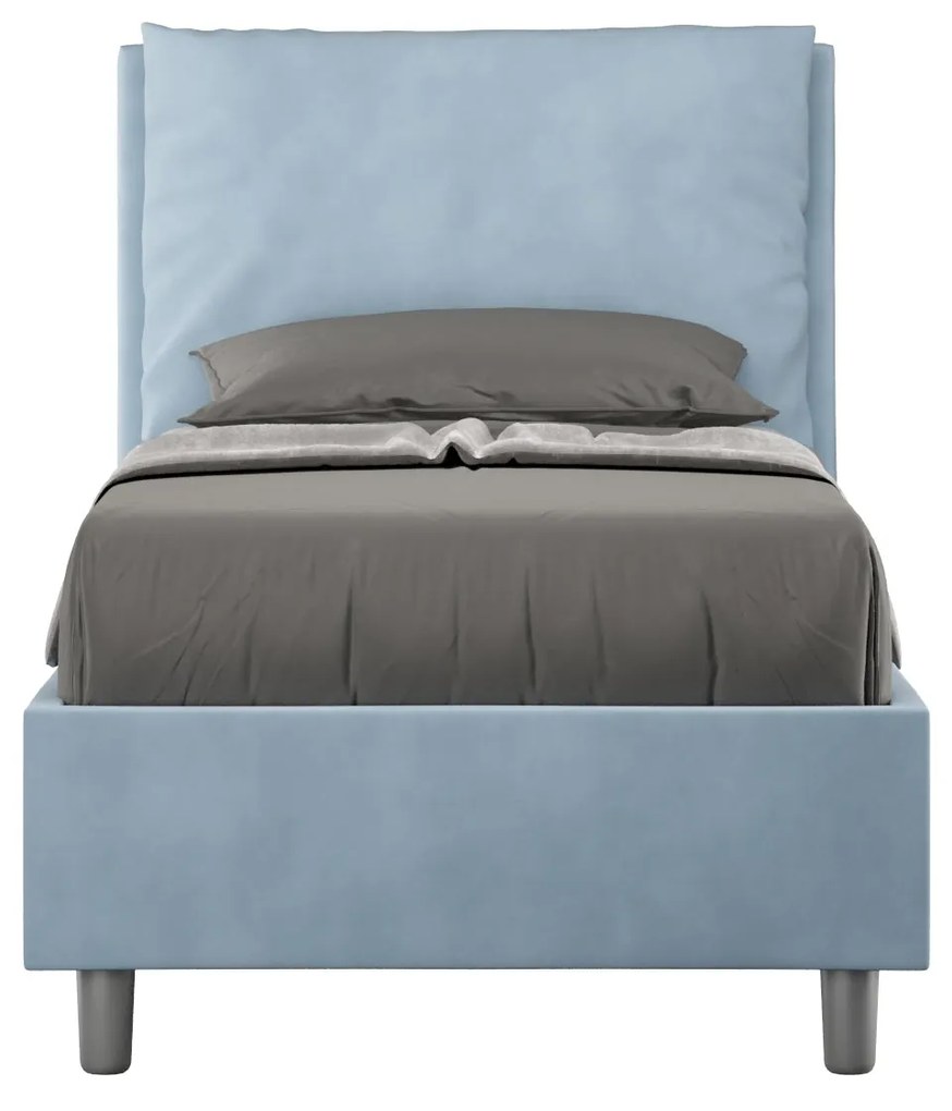 Letto singolo imbottito 80x200 microfibra Antea senza rete, con rete e contenitore, Azzurro / Contenitore