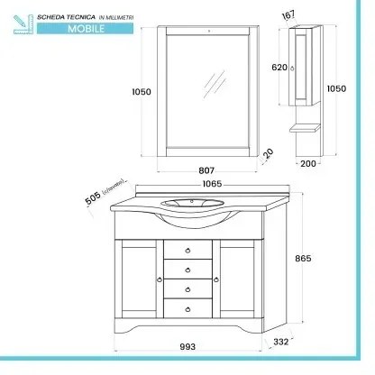Mobile bagno a terra 105 cm bianco decape con specchio lampada e pensile Romantica