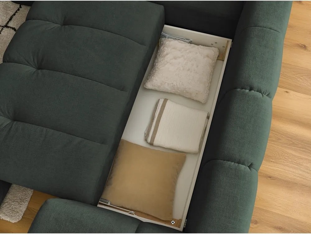 Divano angolare verde allungabile e con contenitore (penisola a sinistra/a L) con rivestimento in ciniglia Fuji – Bobochic Paris