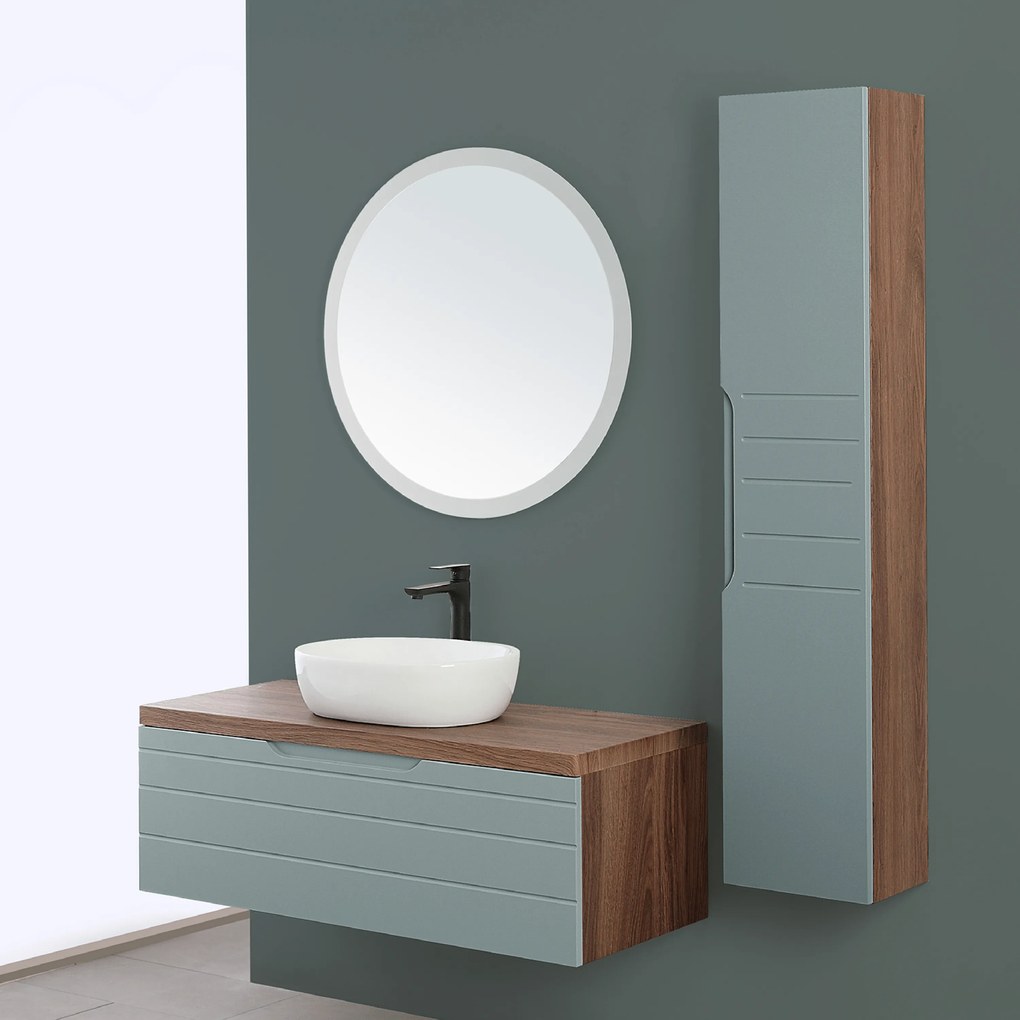 Mobile Bagno Sospeso 90 Cm Un Cassetto Specchio Con Illuminazione Led Feridras "Amalfi" Noce Canaletto/Verde Salvia