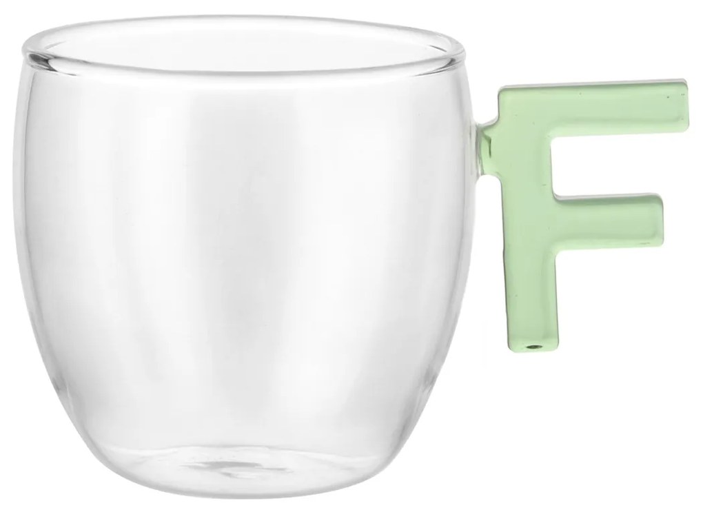 Tazzina caffè lettera F verde in vetro borosilicato, 150 ml