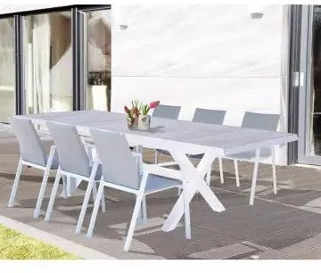 Tavolo Djerba 200/260 X 100 - Struttura in alluminio e Piano in Ceramica effetto legno, Bianco
