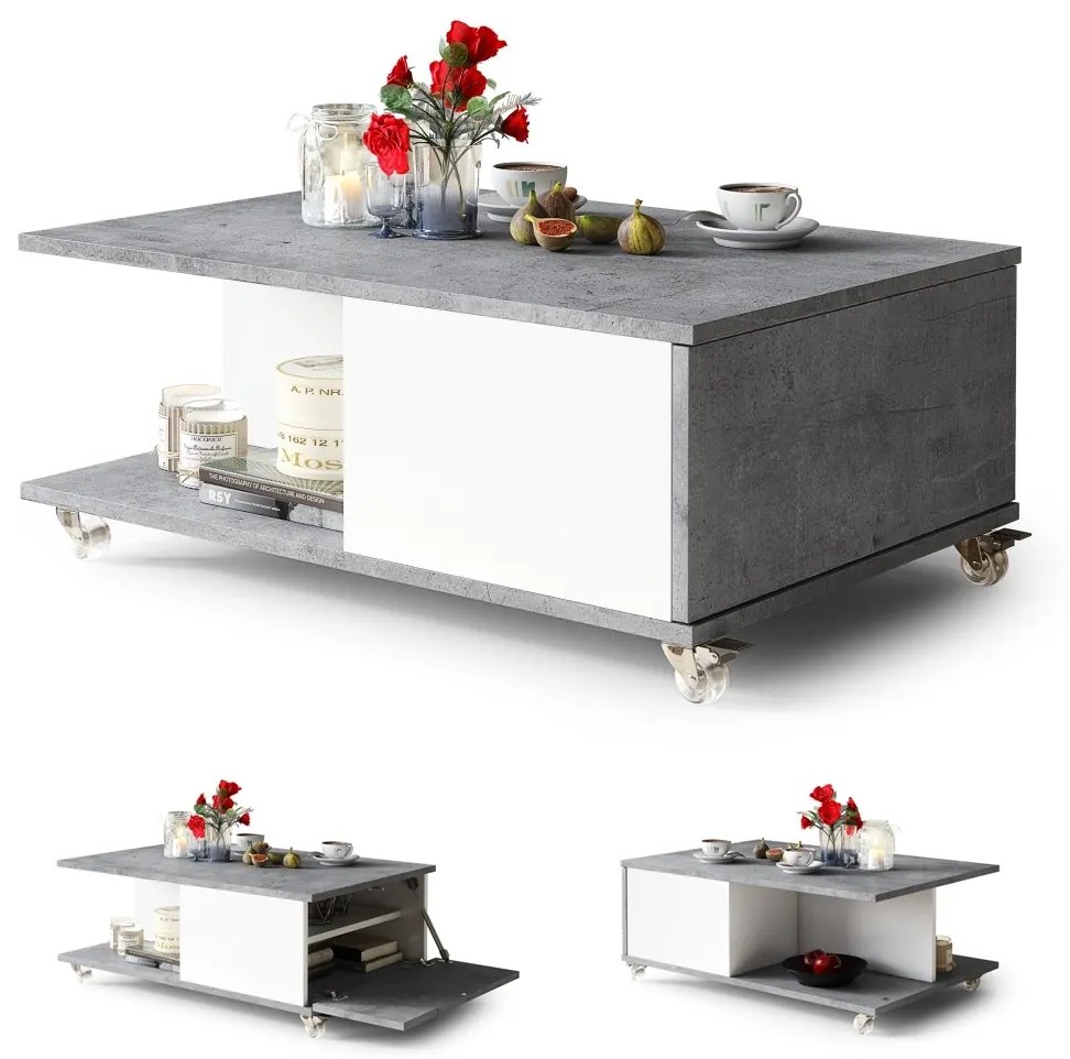 VIENNA Cemento Millennium/Bianco Opaco - MODERNO TAVOLINO DA CAFFÈ/DA SALOTTO CON RUOTE