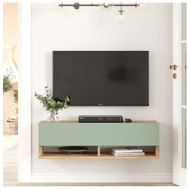 Mobile Tv Sospeso 100x32x30 2 Vani Effetto Legno Rovere E Verde Frame