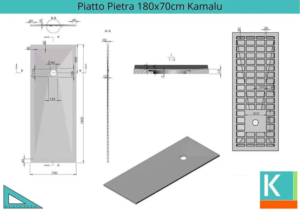 Piatto doccia 180x70 effetto pietra colore avorio crema - KAMALU