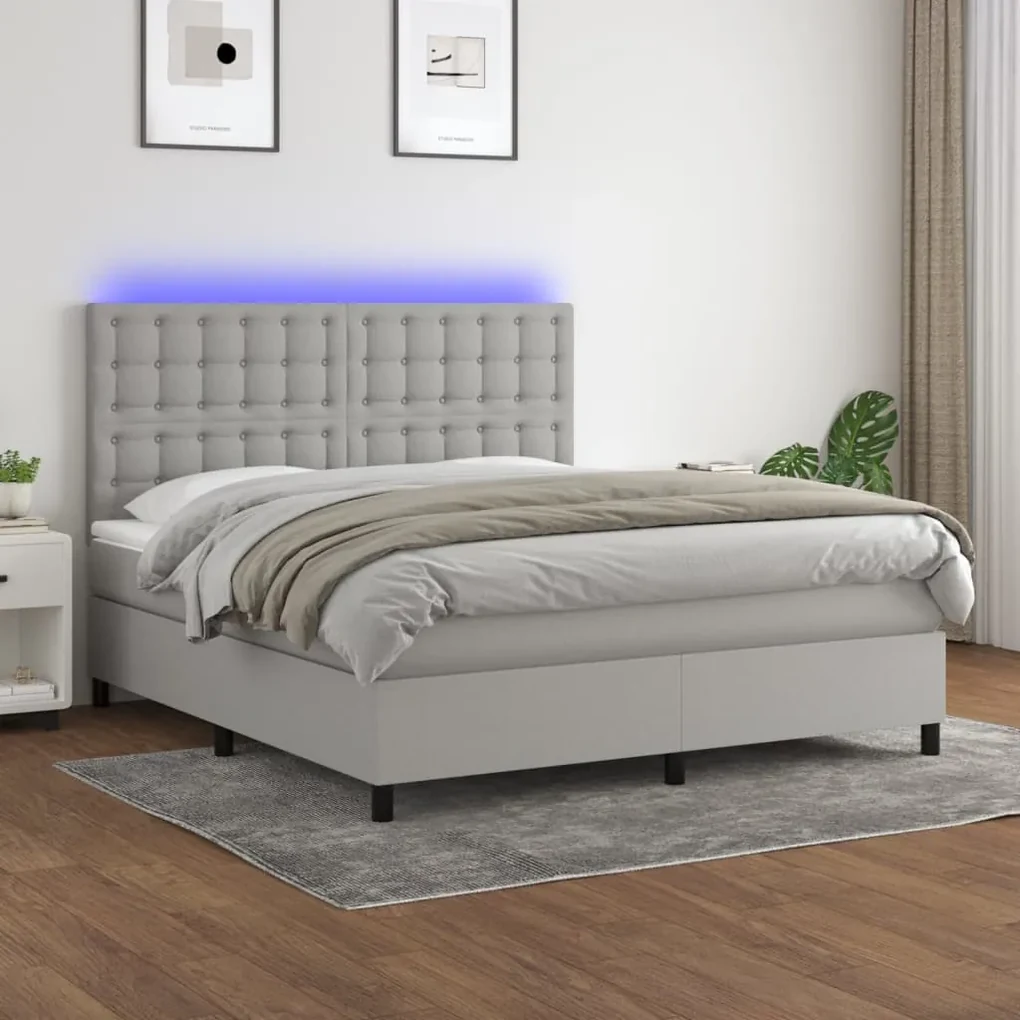 Letto a molle materasso e led grigio chiaro 160x200 cm tessuto