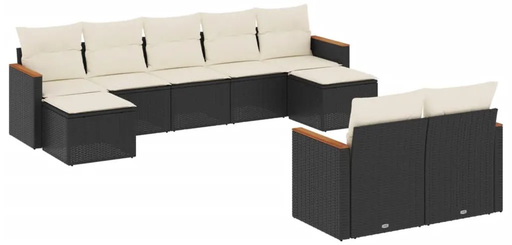 Set divani da giardino 9 pz con cuscini nero in polyrattan