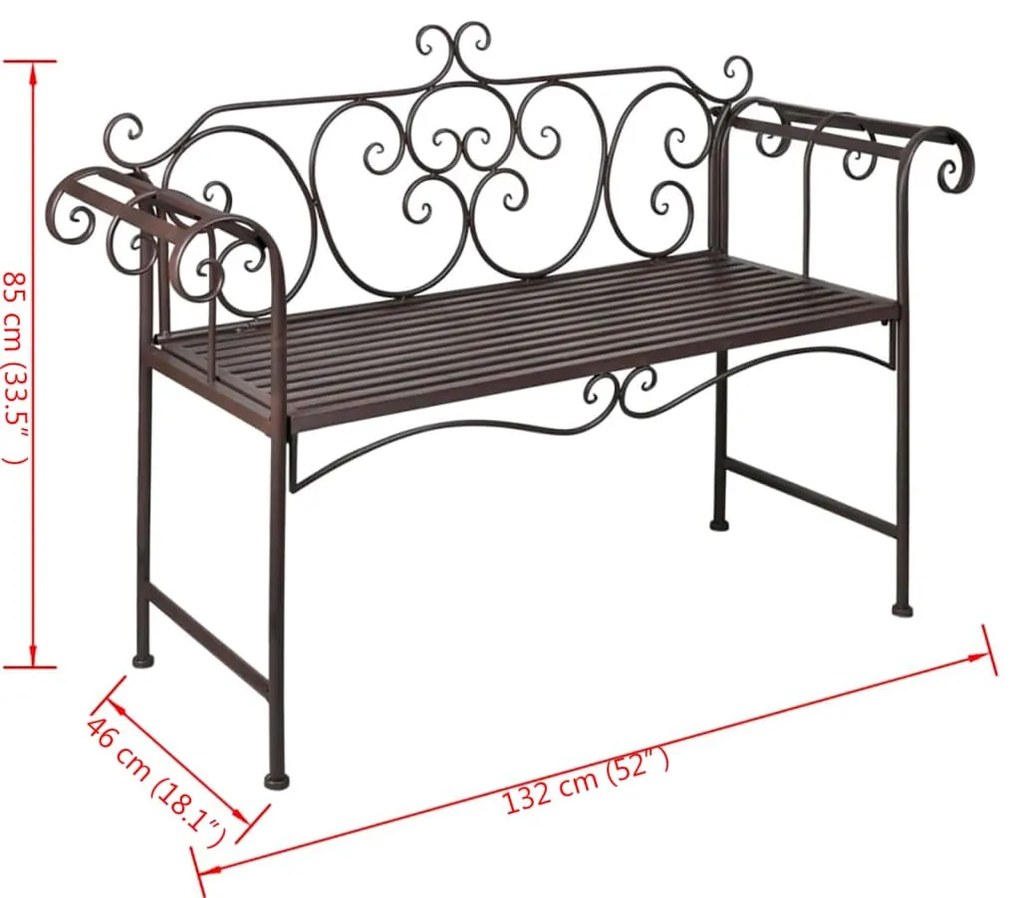 Panchina da giardino 132 cm in acciaio stile anticato marrone