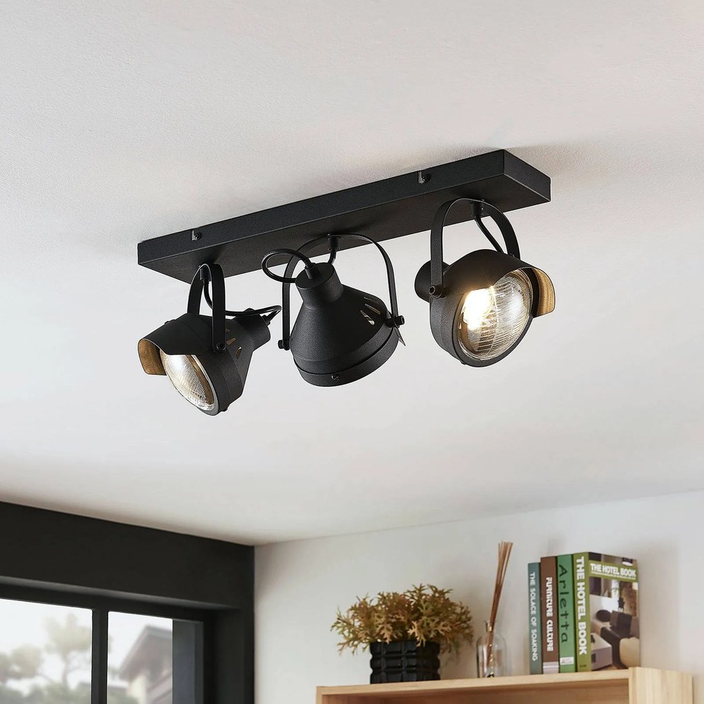 Faretto da soffitto Lindby Henega, 52 cm, nero, a 3 luci Henega Lindby, dimmerabile, Nero, Soggiorno / Sala da pranzo, Metallo, Industriale, Faretto
