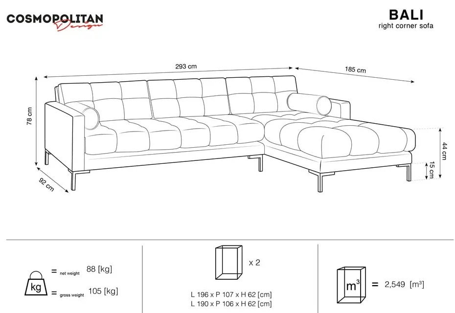 Divano angolare in velluto grigio scuro, angolo destro Bali - Cosmopolitan Design
