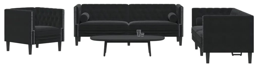 Set Divani Chesterfield 3pz Con Cuscini Nero Velluto /
