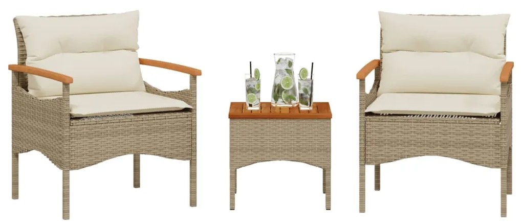 Set Divano Da Giardino 3 Pz Con Cuscini Beige İn Polyrattan /