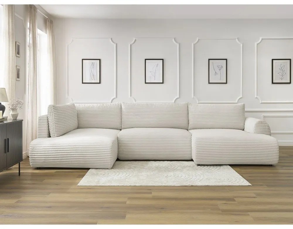 Divano angolare color crema allungabile/con contenitore (con penisola a sinistra/a U) con rivestimento in velluto a coste Lucien – Bobochic Paris