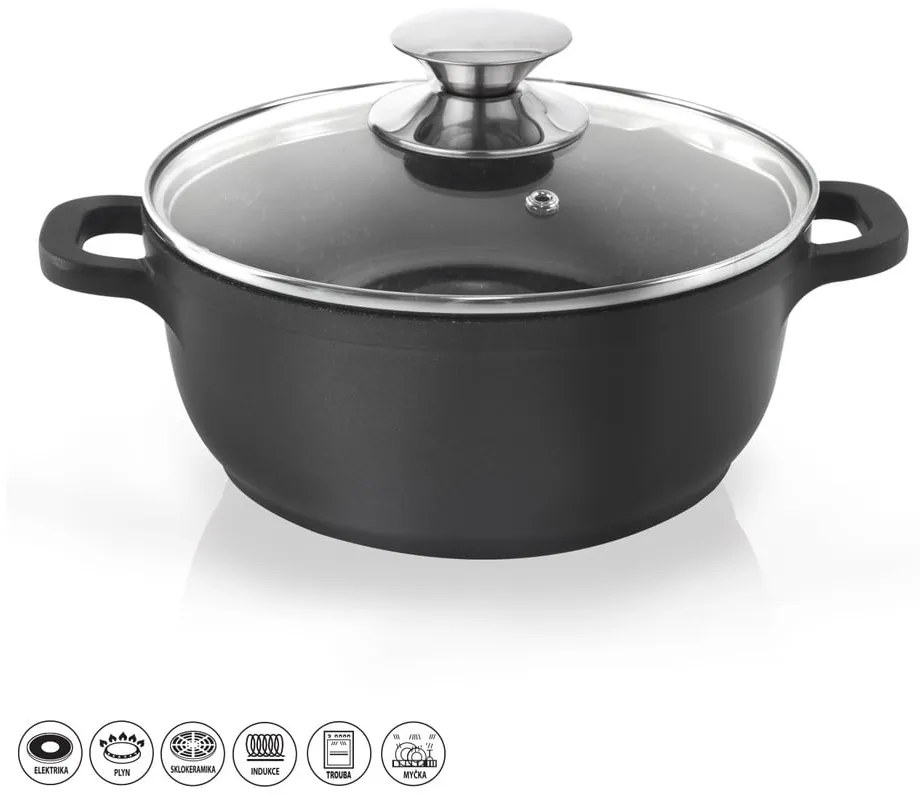 Pentola antiaderente Pfluon Granit con coperchio in vetro , ⌀ 24 cm Grande - Orion