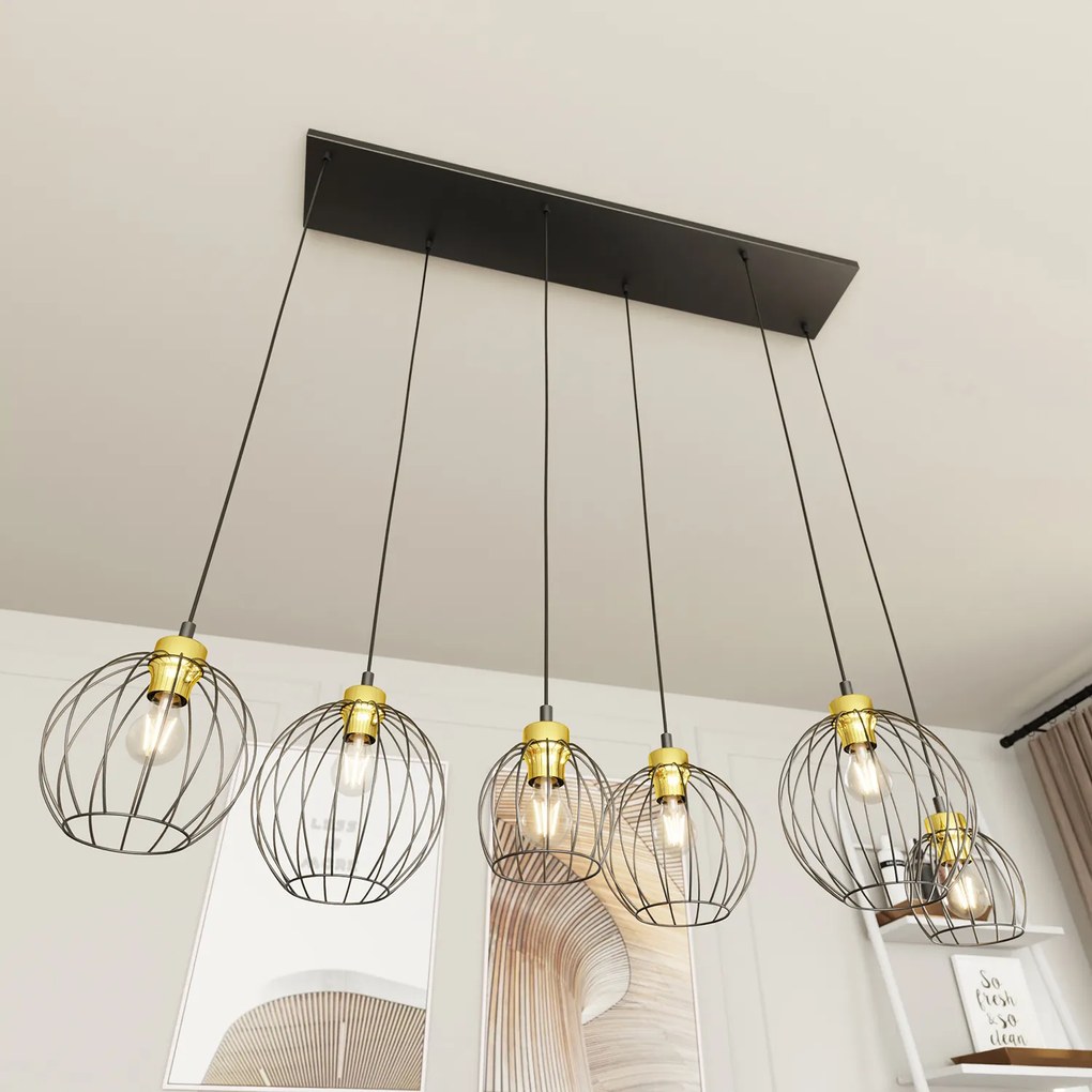 Sospensione Minimal Industrial Hathor 6 Luci Lineari Nera E Oro