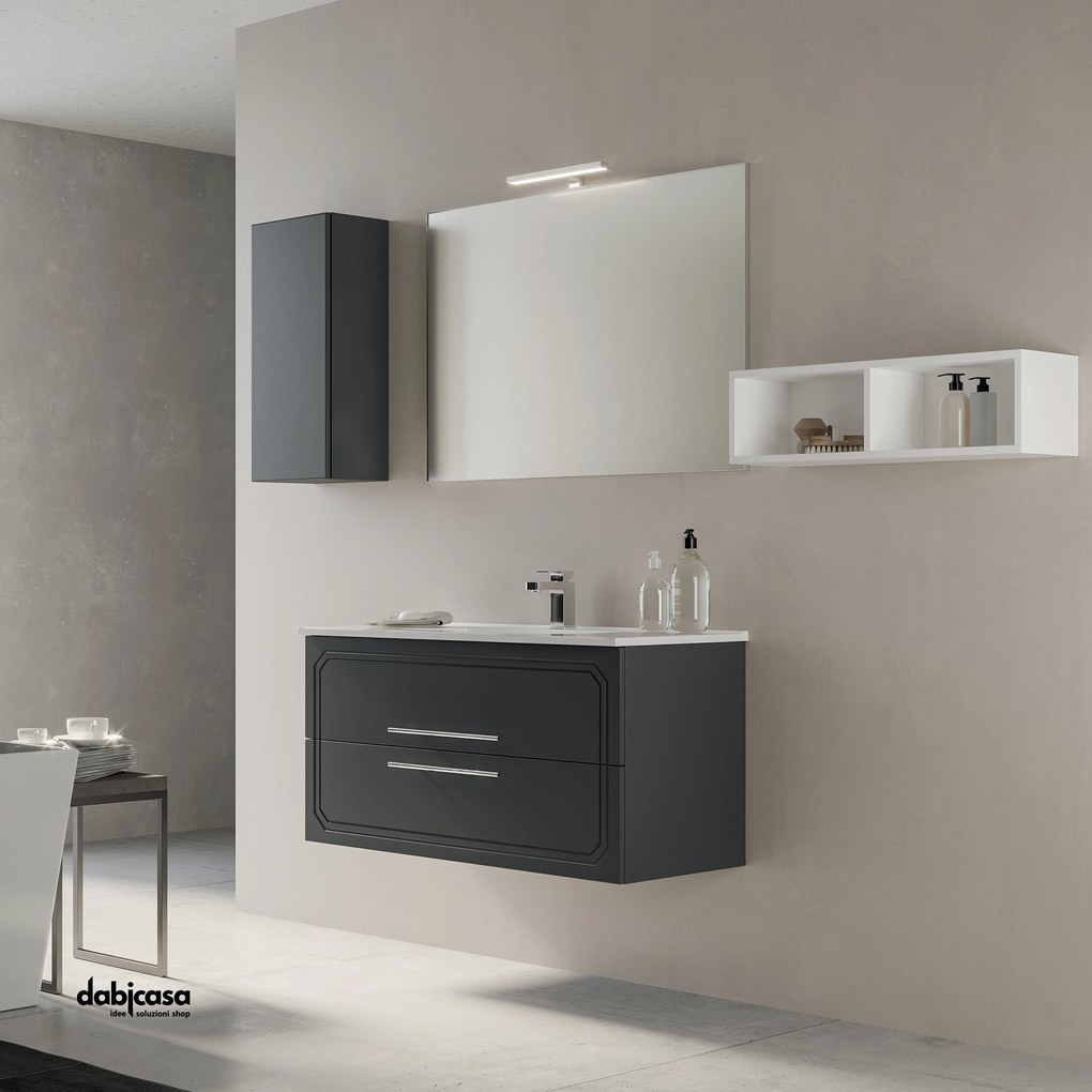 Mobile Bagno Sospeso "Maya 2" Da 60 cm Con Due Cassetti Lavabo Specchio E Lampada Led