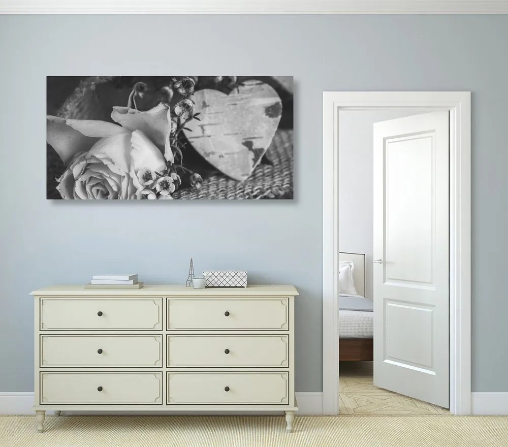 Stampa su tela – Rose e cuore in stile vintage in bianco e nero
