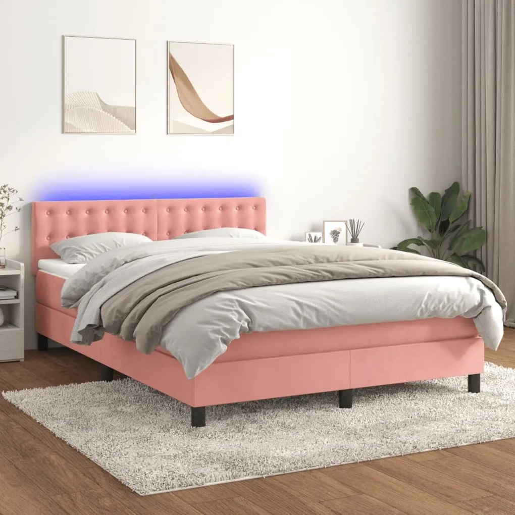 Letto a molle con materasso e led rosa 140x190 cm in velluto