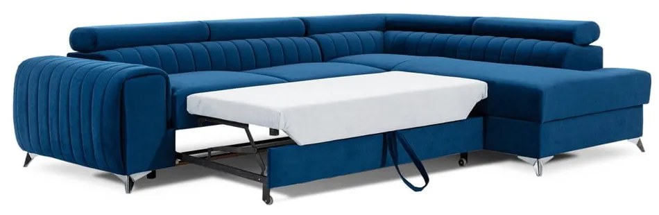 Divano angolare blu allungabile/con contenitore (con penisola a destra/a L) e rivestimento in velluto Laurence – ELTAP
