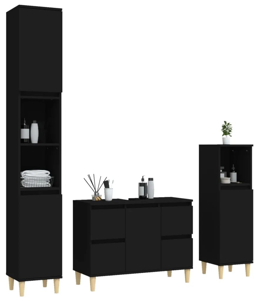 Set mobili da bagno 3 pz nero in legno multistrato