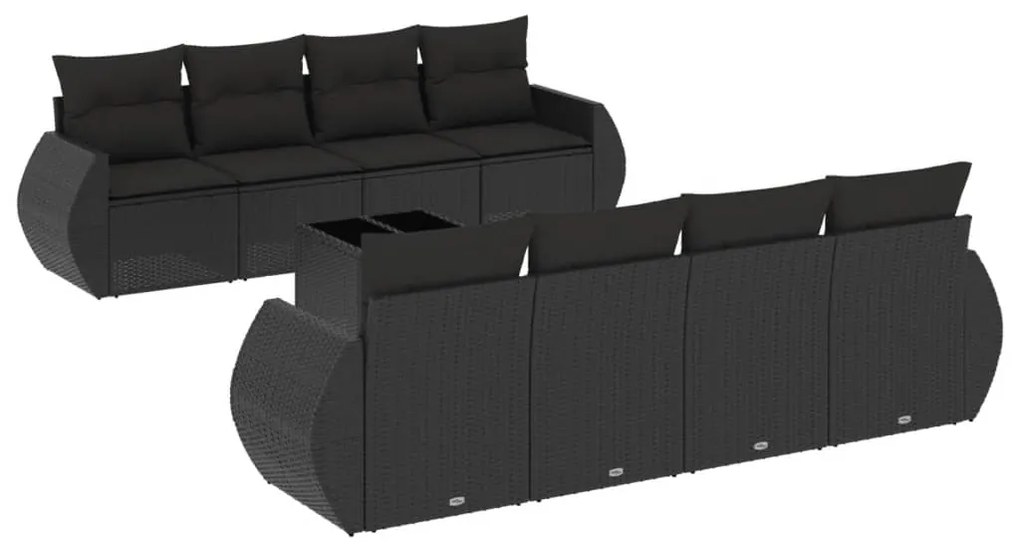 Set divani da giardino 9 pz con cuscini nero in polyrattan