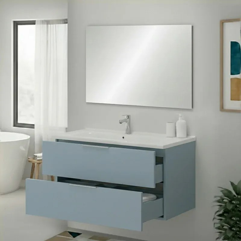 Mobile bagno sospeso 100cm azzurro polvere con cassetti lavabo e specchio Elva