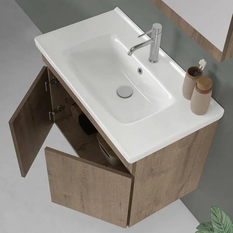 Mobile bagno sospeso 80 cm rovere scuro con specchio contenitore Mona