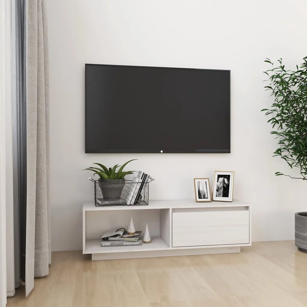 Mobile Porta Tv Bianco 110x30x33,5 Cm İn Legno Massello Di Pino /
