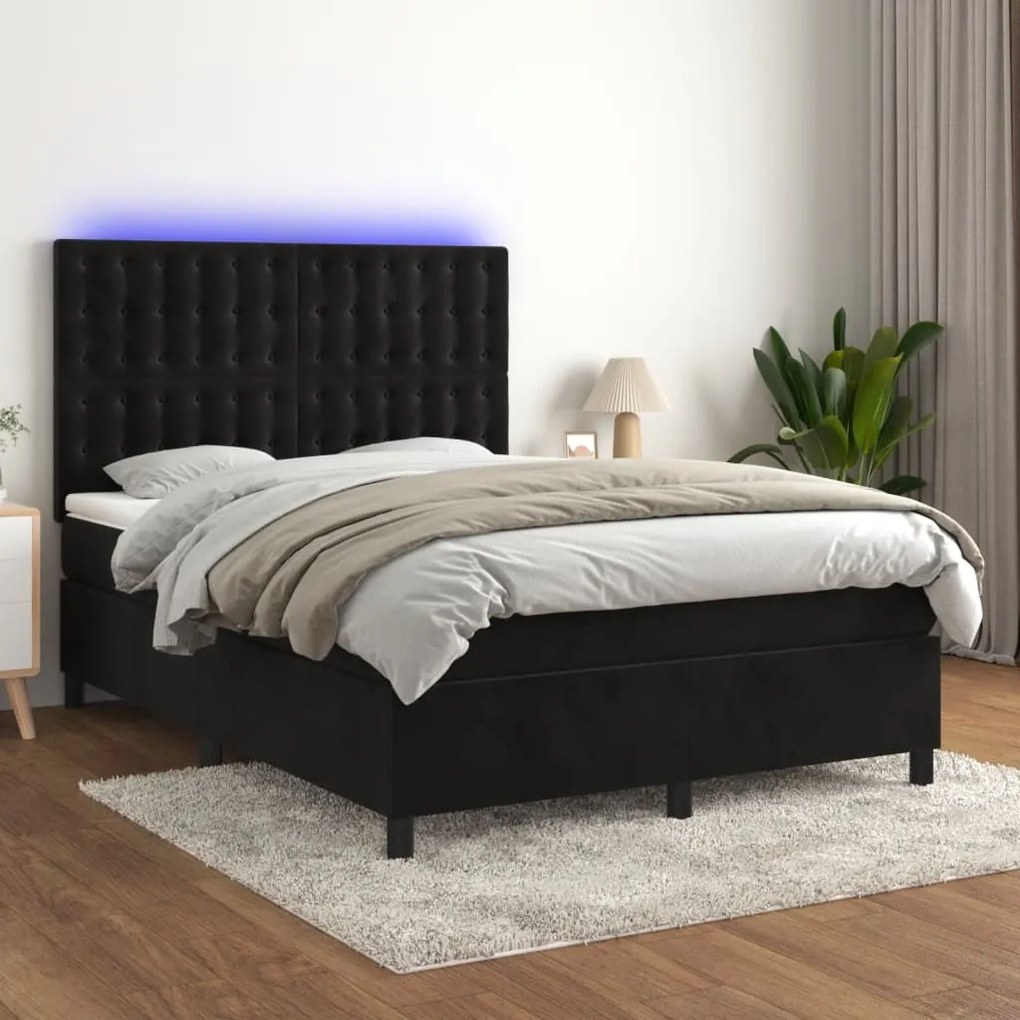 Letto A Molle Con Materasso E Led Nero 140x190 Cm İn Velluto /