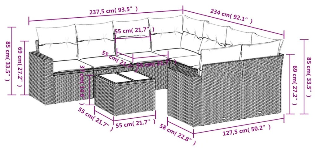 Set divano da giardino 9 pz con cuscini beige in polyrattan