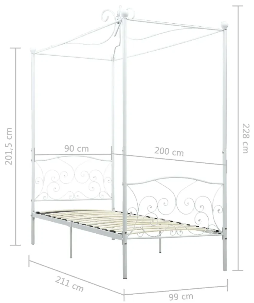Letto a baldacchino bianco in metallo 90x200 cm