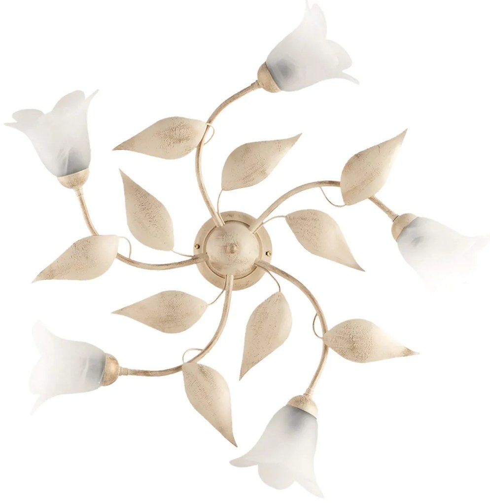 Plafoniera 5 Luci Olga Avorio e Oro Ferro Battuto Vetro BeLight