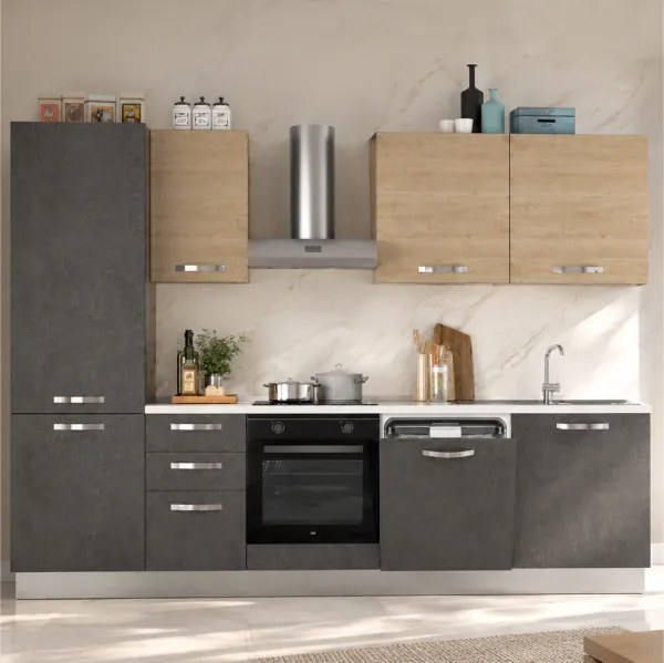 Cucina revesibile 285 cm moderna mobile frigo Antracite e Rovere