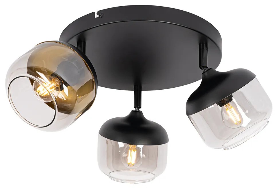 Faretto di design nero con vetro oro e fumé 3 luci rotondo - Kyan