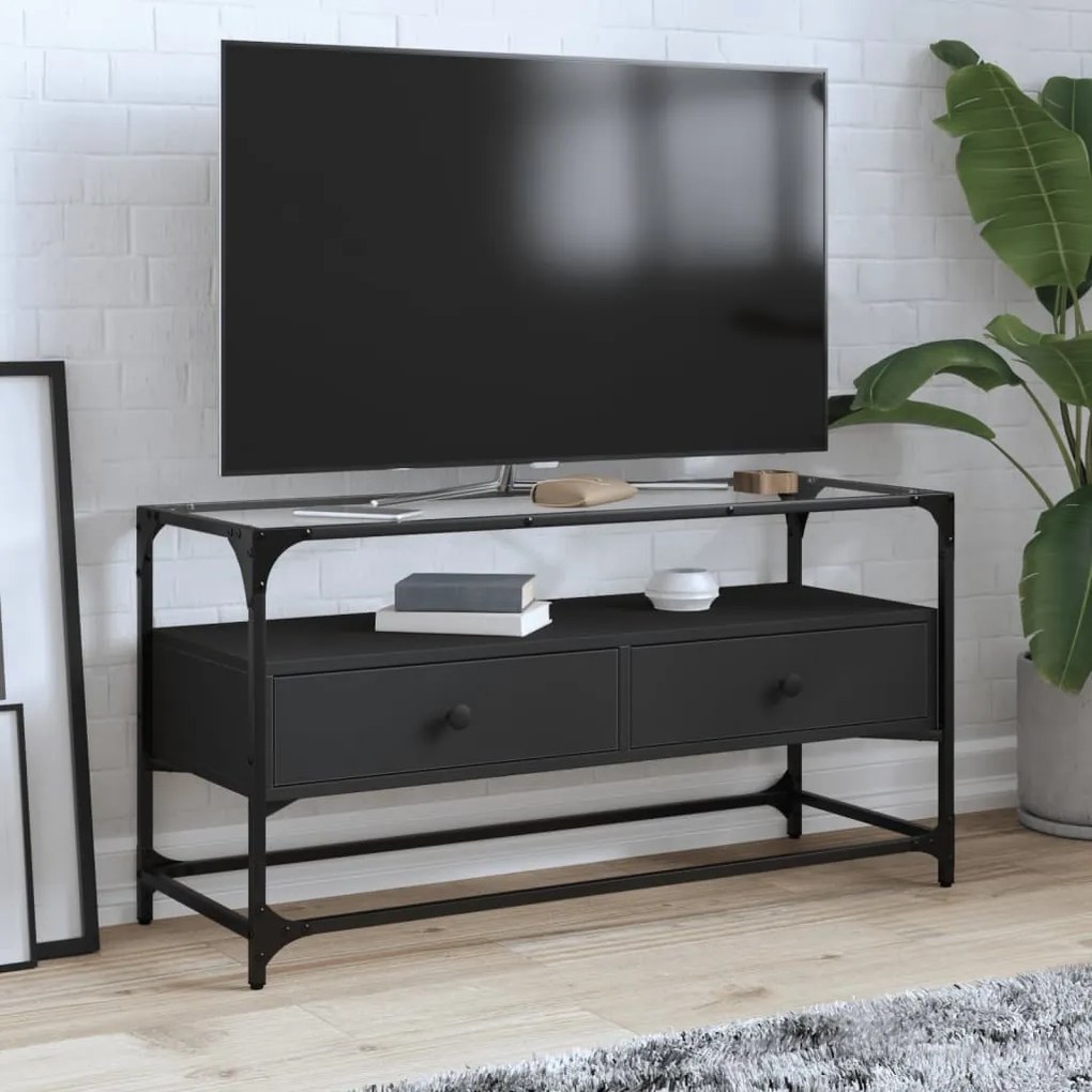 Mobile tv con piano in vetro nero 98x35x51 cm legno multistrato