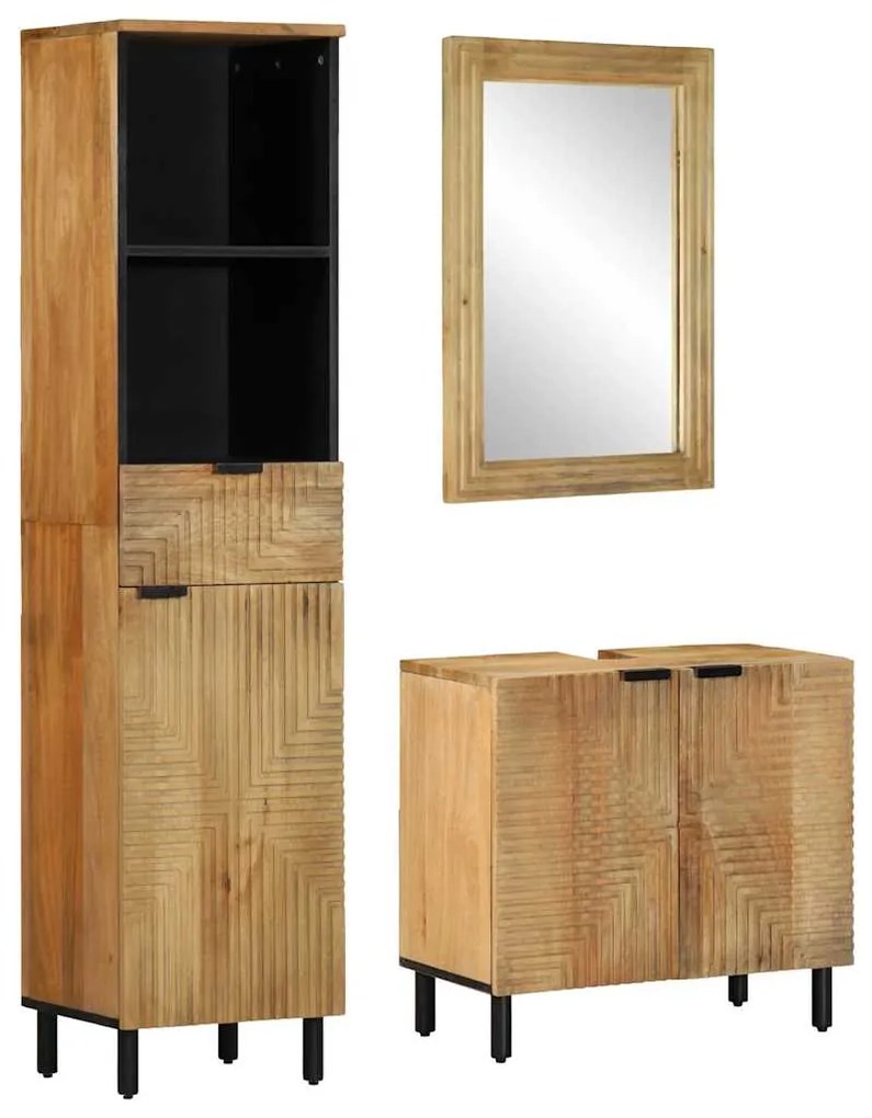 Set Mobili Da Bagno 3pz Marrone İn Legno Massello Di Mango /