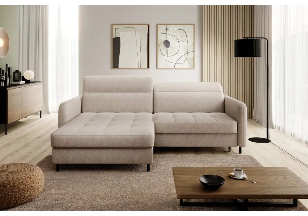 Divano angolare beige allungabile/con contenitore (con penisola a sinistra/con chaise lounge) e rivestimento in ciniglia Gomsi – ELTAP