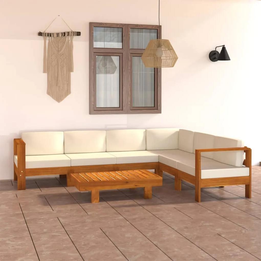 Set divani giardino 7 pz cuscini bianco crema in legno d&#039;acacia