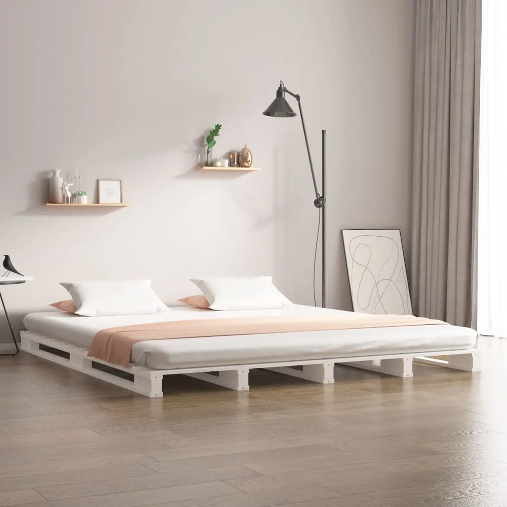 Letto A Pallet Bianco 200x200 Cm İn Legno Massello Di Pino /