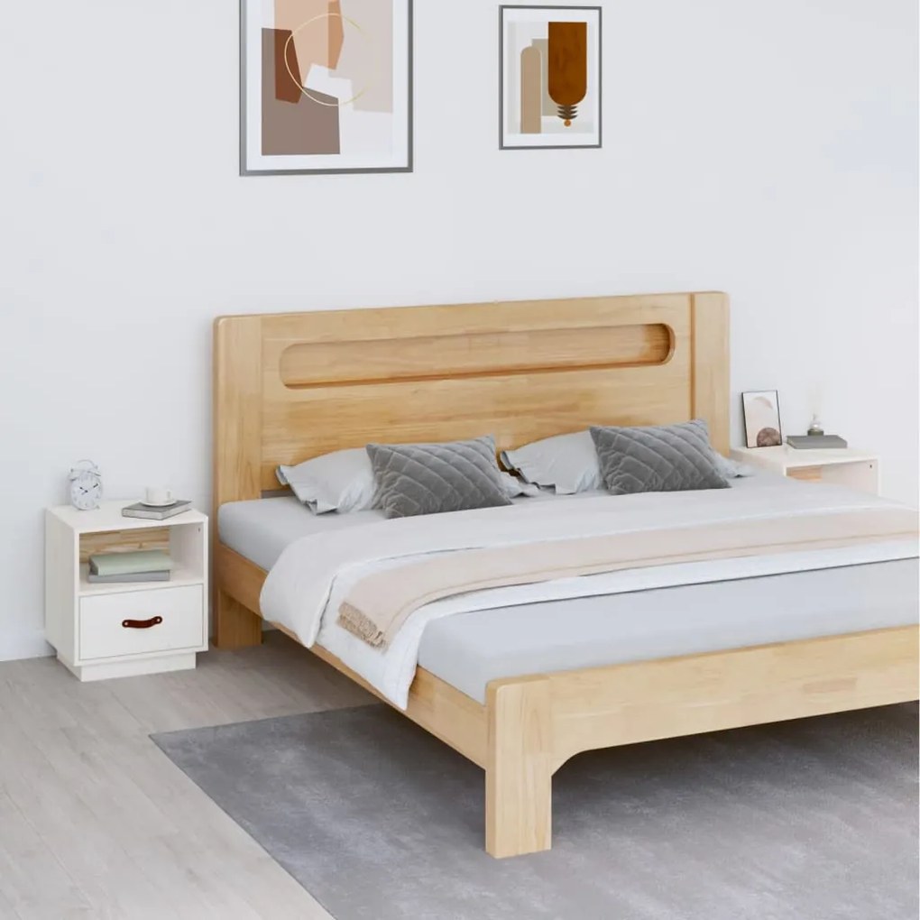 Comodini Bianco 2 Pz 40x34x45 Cm İn Legno Massello Di Pino /
