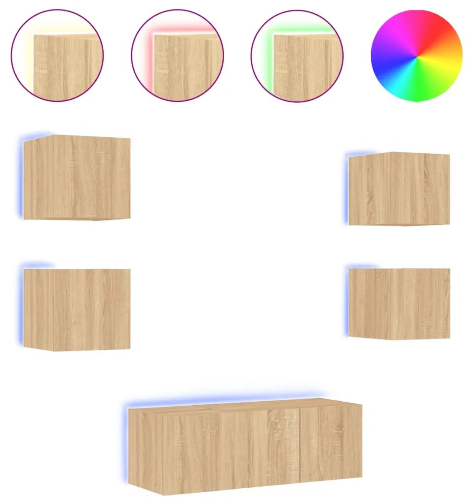 Mobili tv a muro con led 6pz rovere sonoma legno multistrato